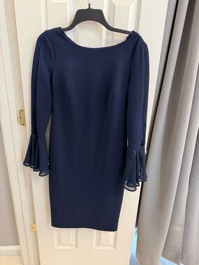 Calvin Klein Navy Long-Sleeve Sheath Dress with Chiffon Bell Sleeves